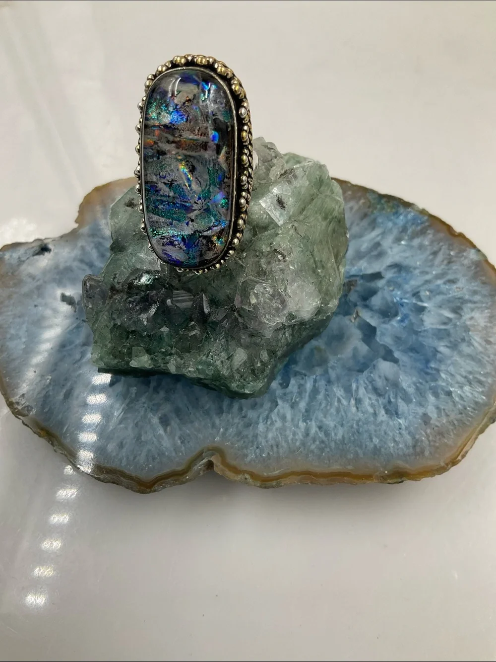 Vintage Sterling Silver Dichromic Art Glass Statement Ring Size 8 Blue-Green